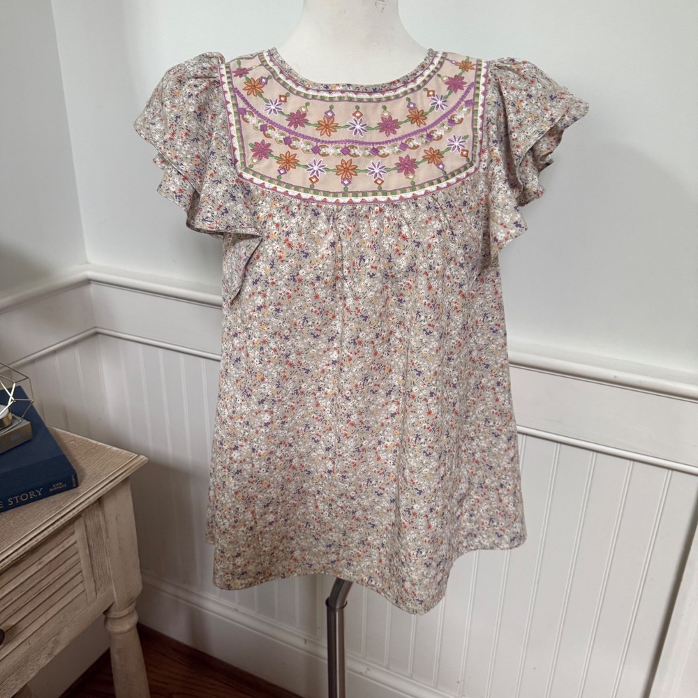 Entro Womens Small Floral Embroidered Bib Ruffle Sleeve Boho Top T15961 NWT
